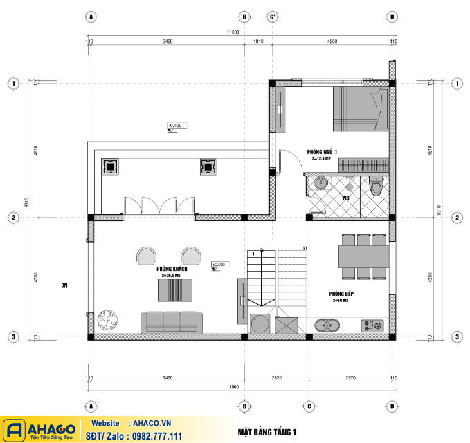 Mặt bằng công năng nhà chữ L 2 tầng 80m2 hiện đại