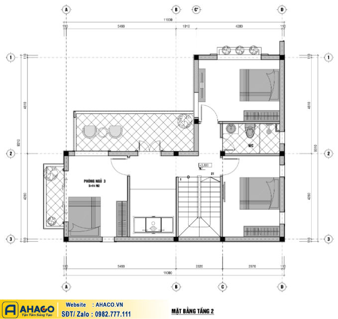 Mặt bằng công năng nhà chữ L 2 tầng 80m2 hiện đại - Tầng 2