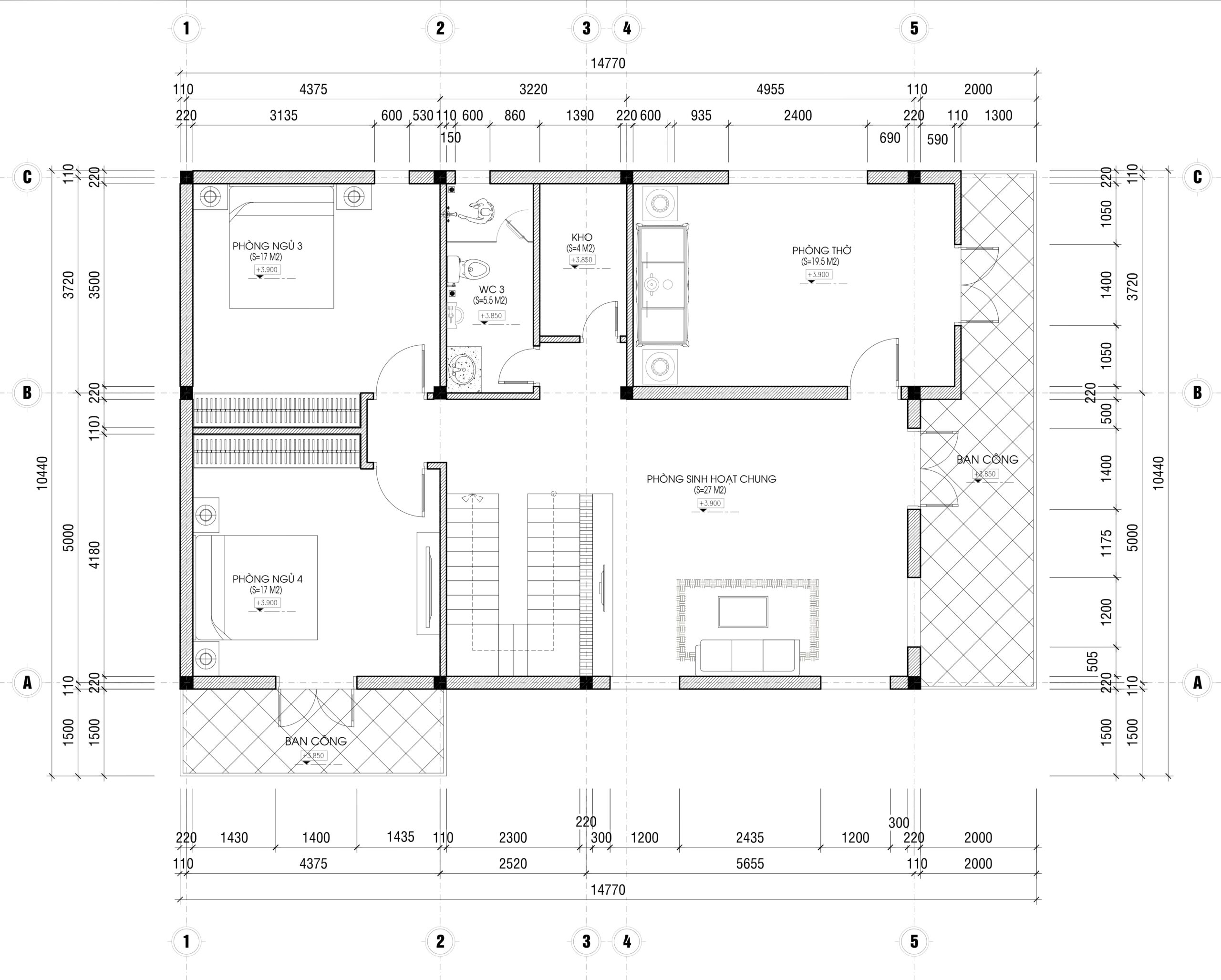 Tầng 2 Mặt Bằng Biệt Thự Sân Vườn Mái Nhật