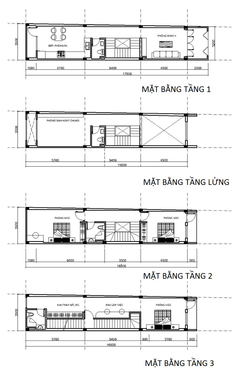 Mặt bằng công năng nhà Phố Mặt Tiền 3m 5 Tầng