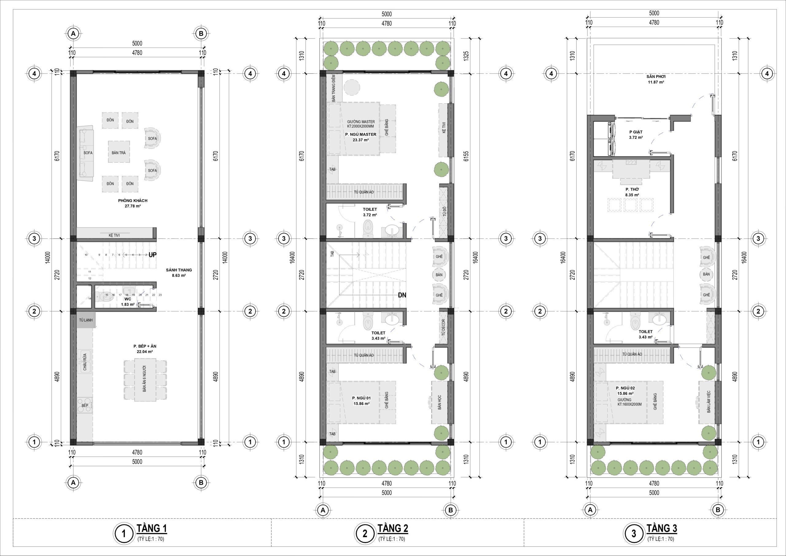 Mặt bằng công năng mẫu villa 3 tầng mặt tiền 5m