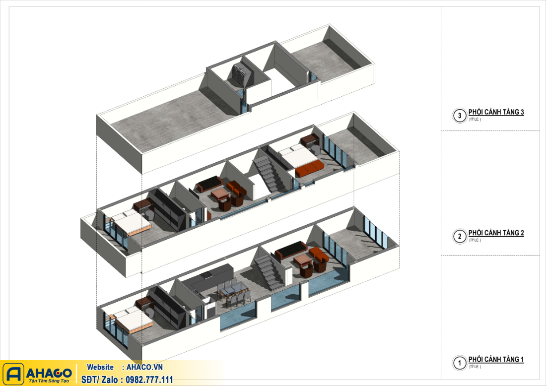 Bố trí nội thất mẫu nhà 2 tầng 1 tum ngang 5m