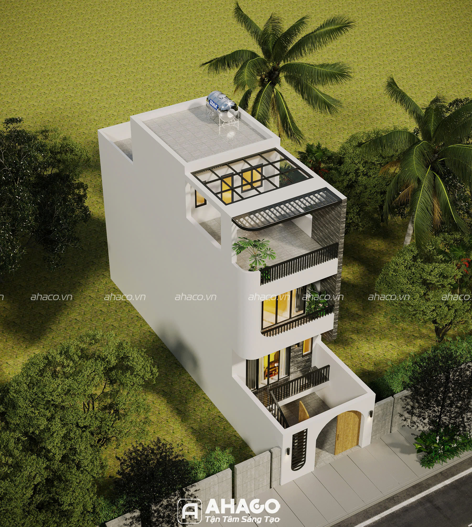 Phối cảnh 3D mẫu nhà ống 2 tầng 1 tum mặt tiền 5m có phòng dạy học