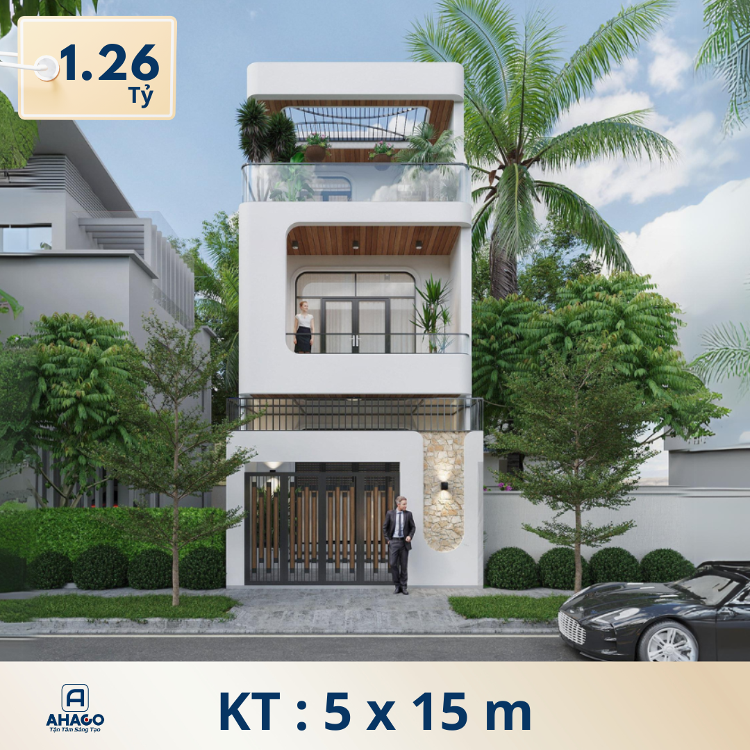 Mẫu nhà 2 tầng 1 tum bo cong