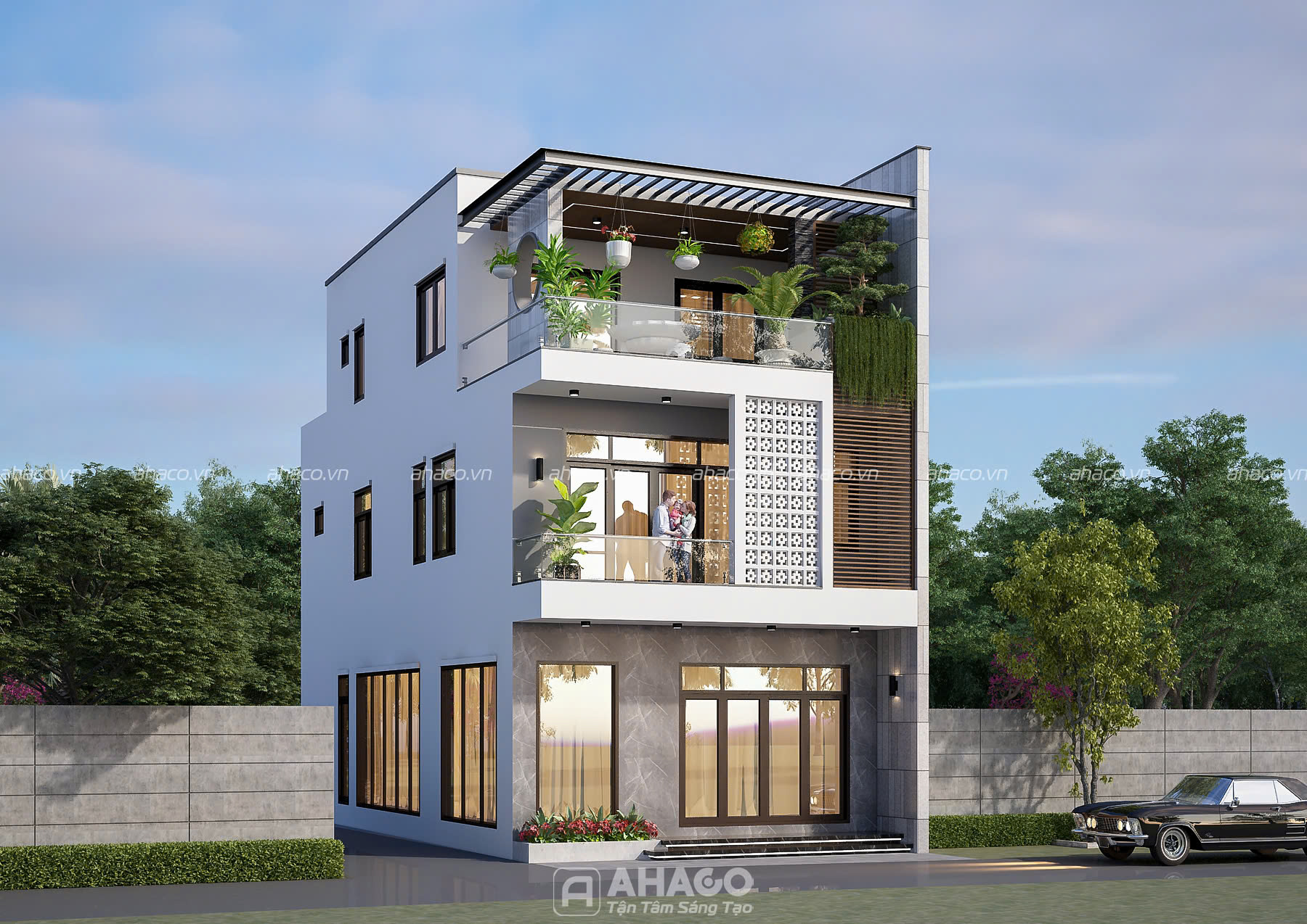 Mẫu nhà 3 tầng 2 mặt tiền 7x14.5 m có 5 phòng ngủ