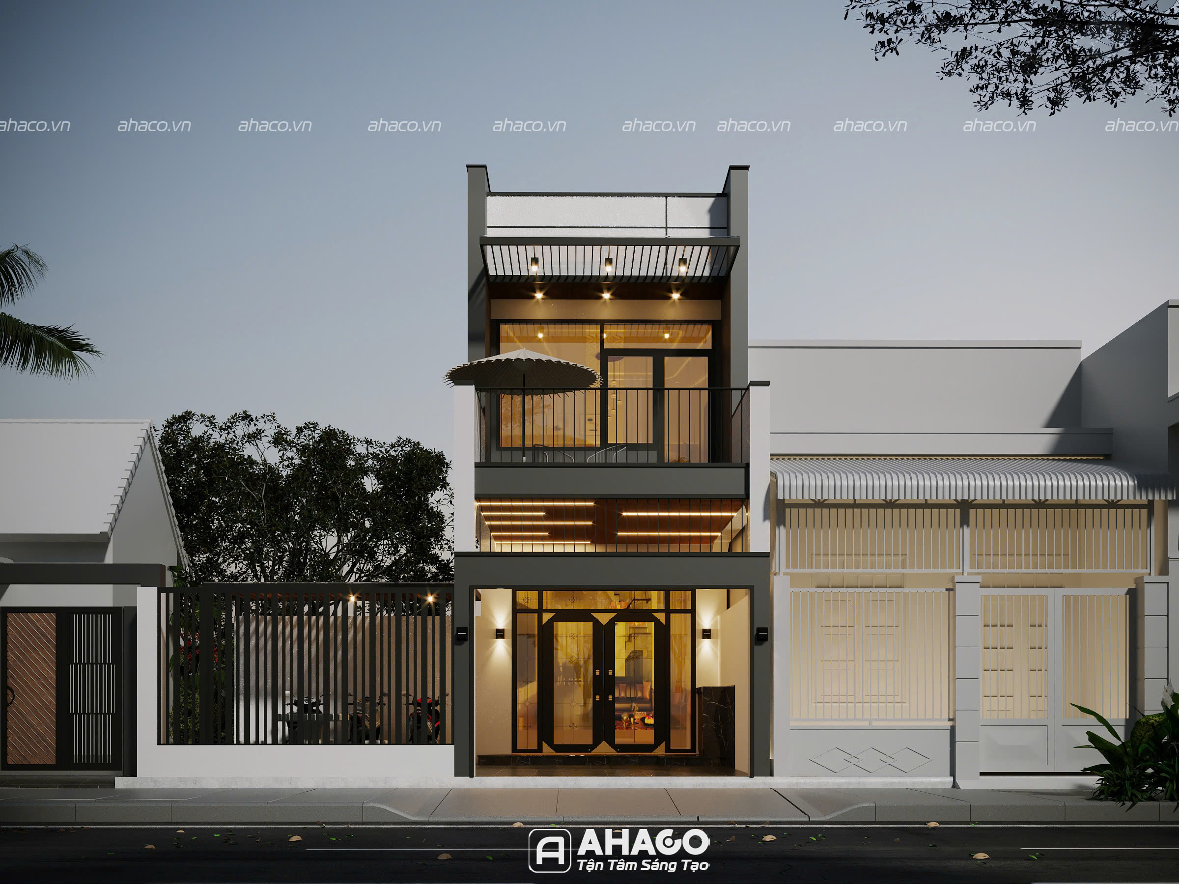 Phối cảnh ngoại thất nhà 2 tầng 4 phòng ngủ mặt tiền 4m