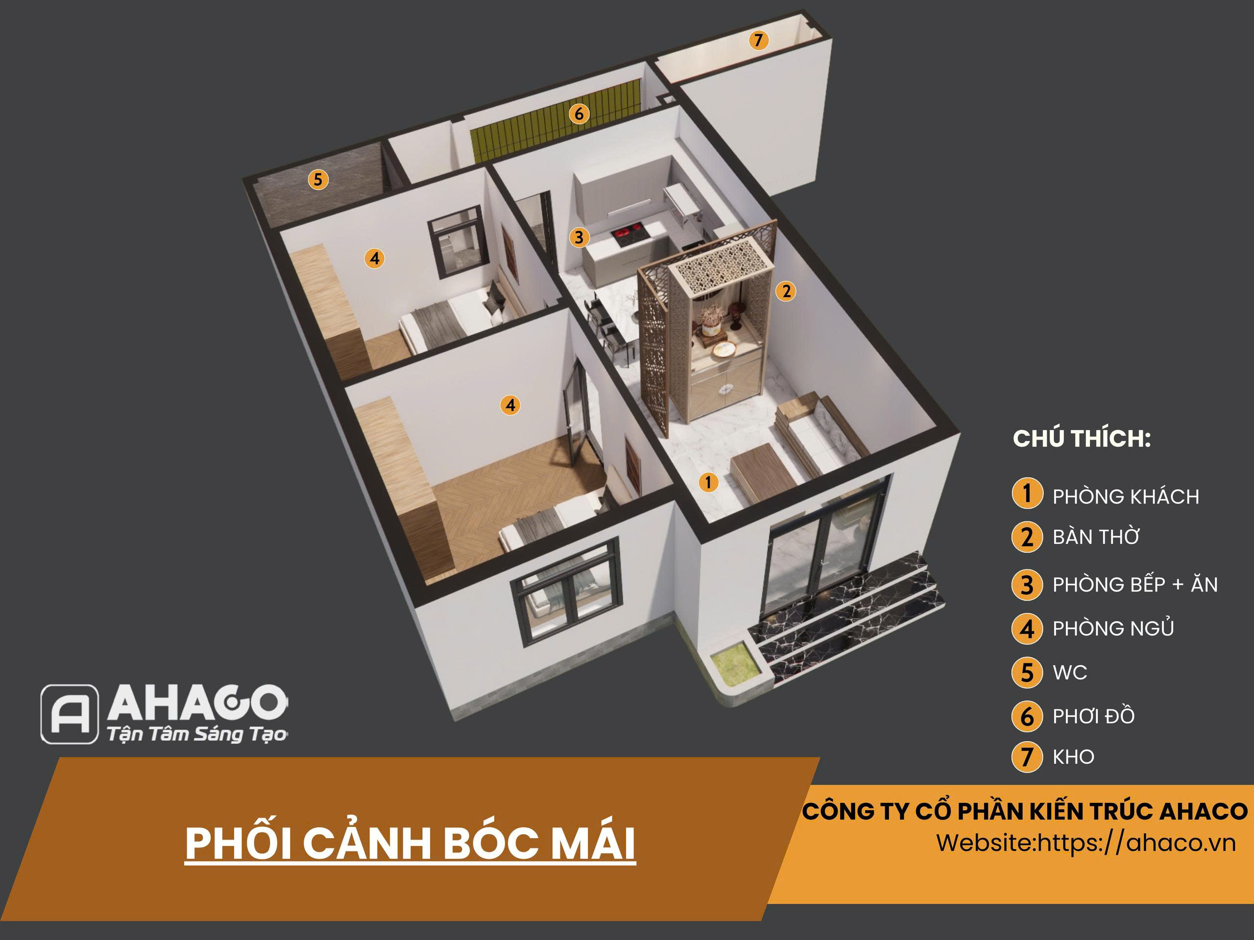 Phối cảnh bóc mái nhà cấp 4 chữ L hiện đại 2 phòng ngủ