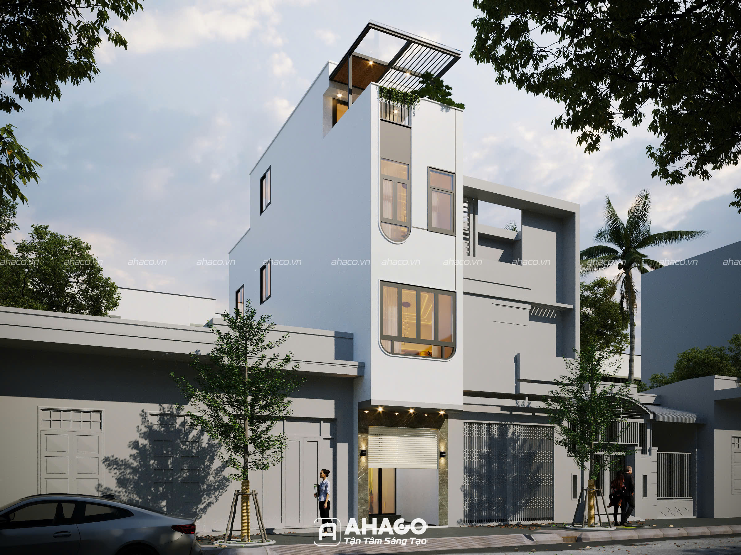 Phối cảnh ngoại thất mẫu nhà 3 tầng 1 tum ngang 3m hiện đại