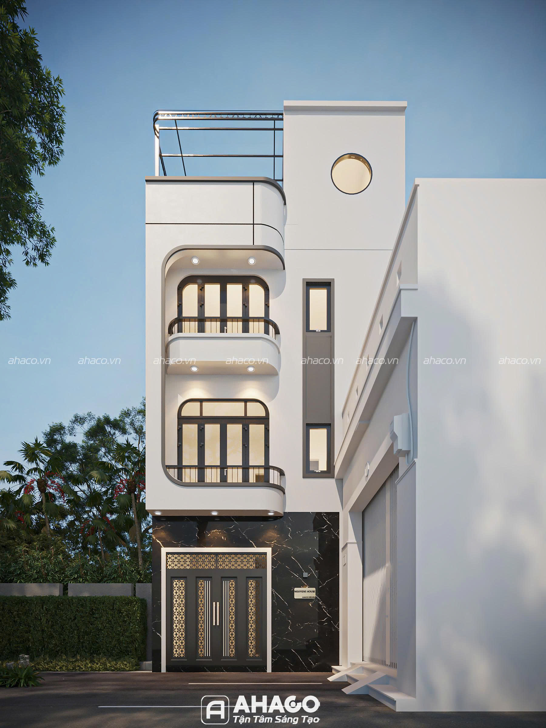 Phối cảnh ngoại thất mẫu nhà 3 tầng 1 tum 4 phòng ngủ hiện đại