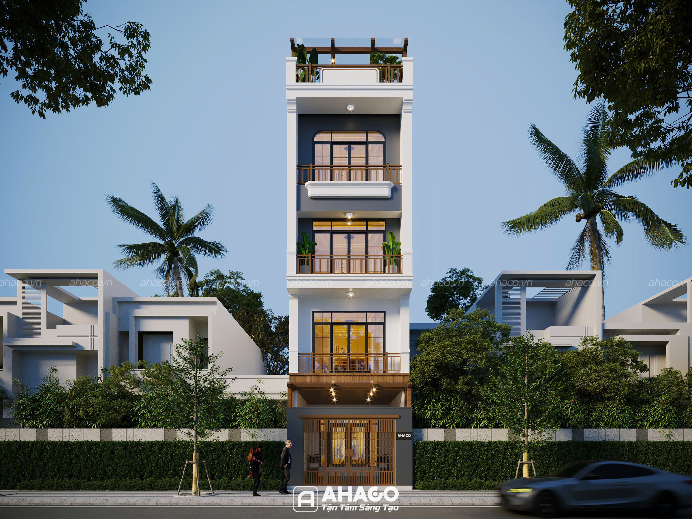 Phối cảnh ngoại thất mẫu nhà ống 4 tầng 1 tum