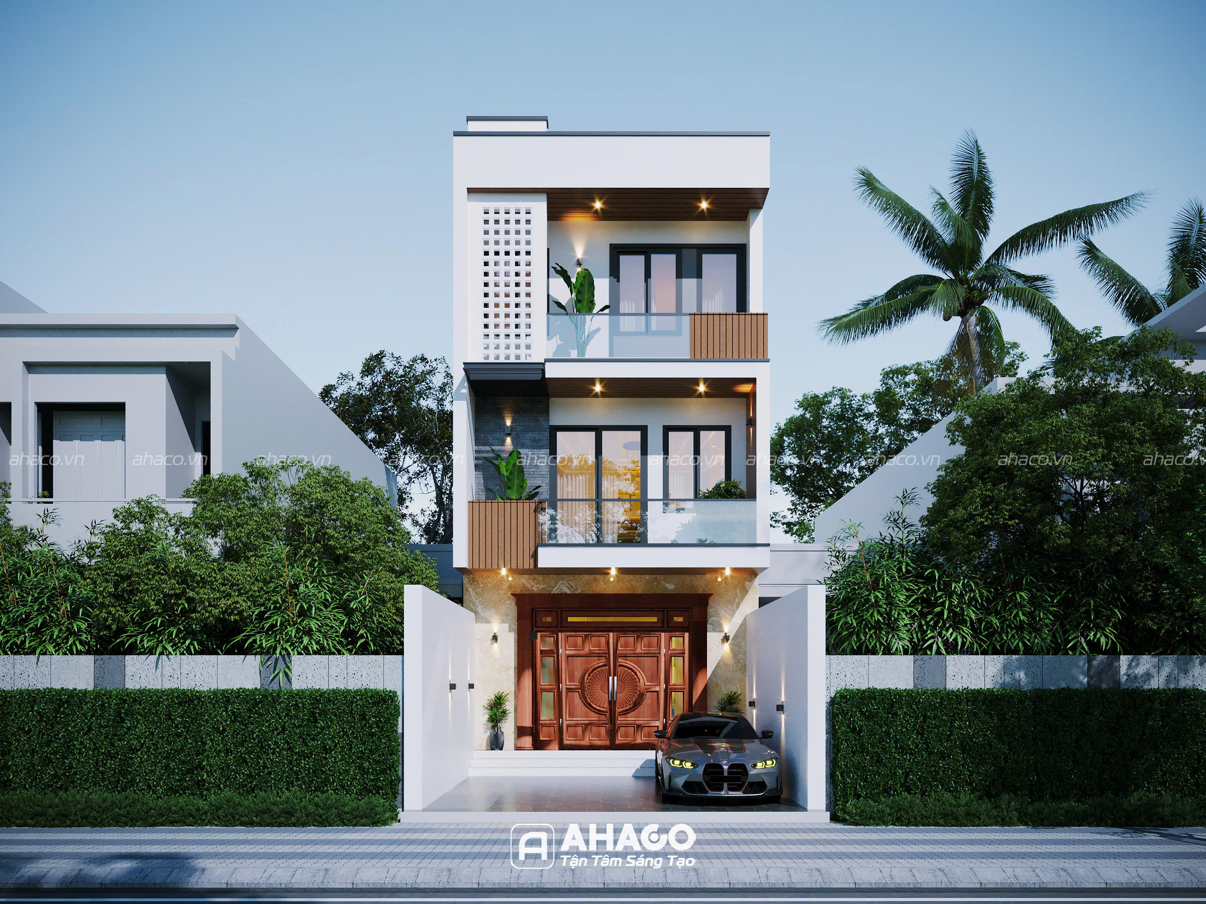 Phối cảnh ngoại thất mẫu nhà 3 tầng 5 phòng ngủ