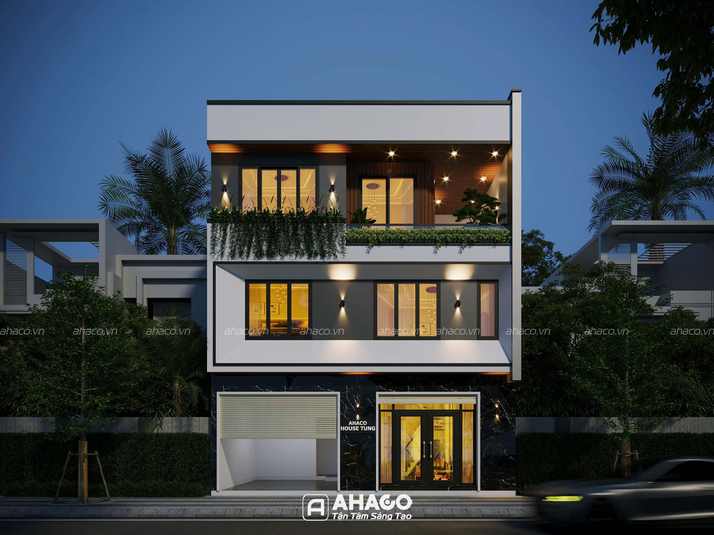 Phối cảnh 3D mẫu nhà 3 tầng có gara mặt tiền 9m