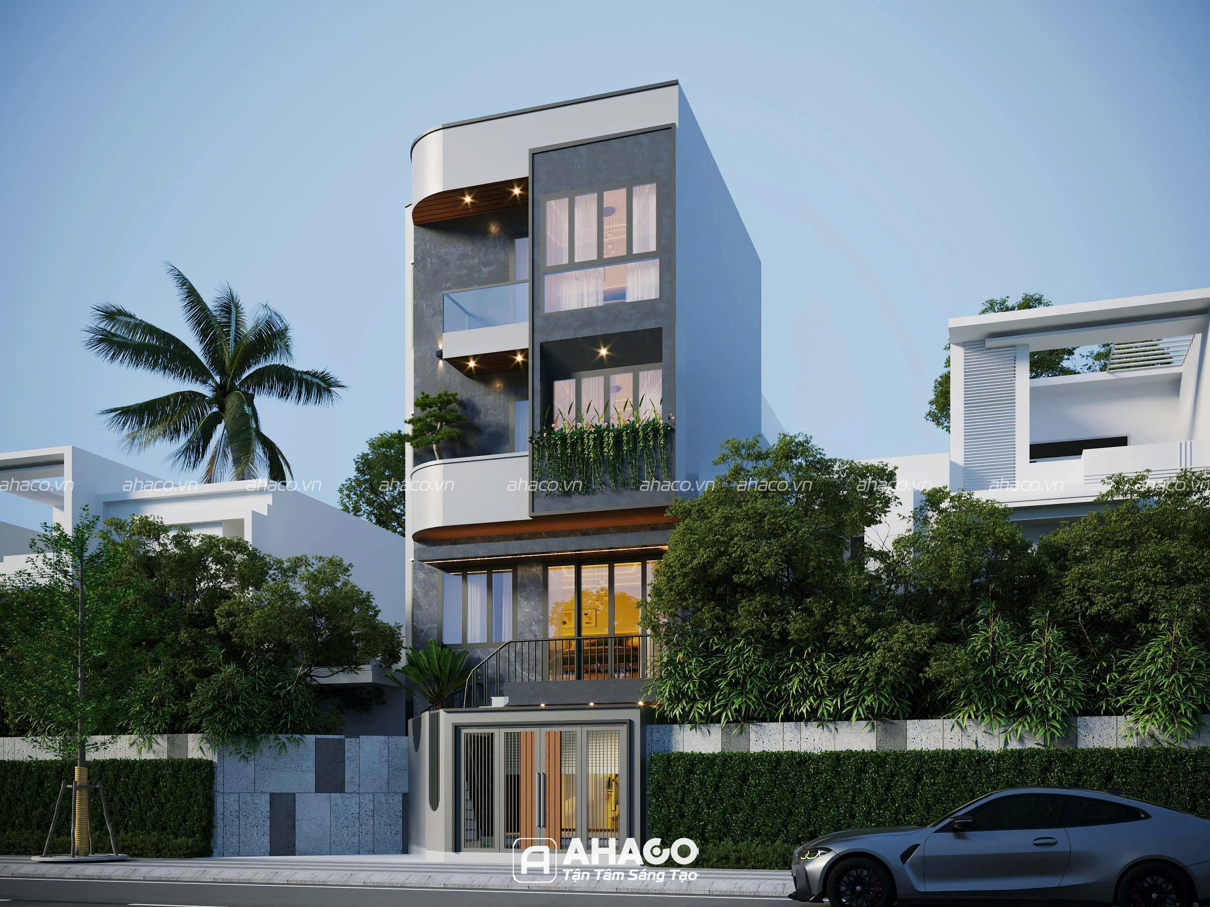 Phối cảnh ngoại thất mẫu nhà 4 tầng 4 phòng ngủ