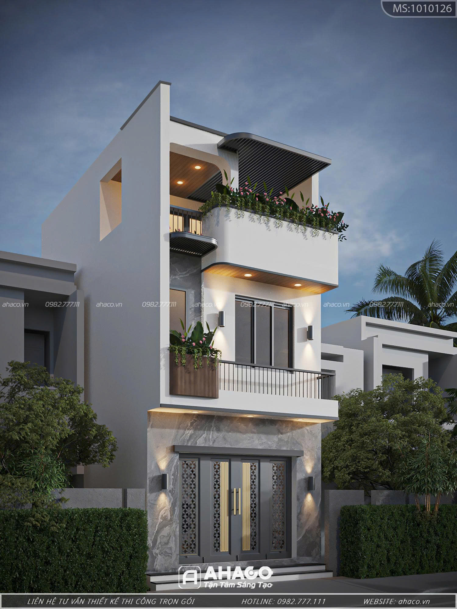 Phối cảnh ngoại thất mẫu nhà 2 tầng 1 tum 5x17m 4 phòng ngủ