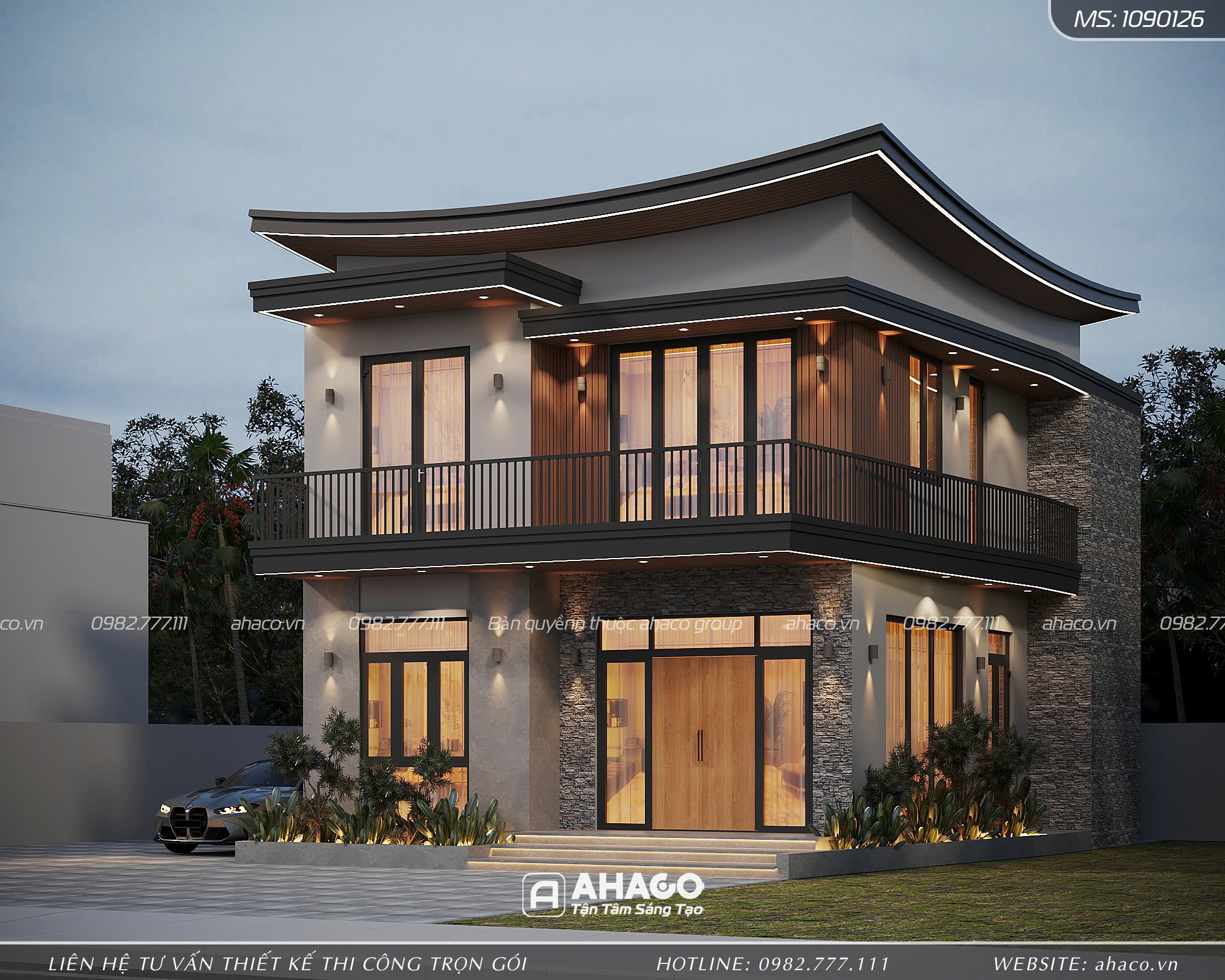 Phối cảnh ngoại thất biệt thự 2 tầng 9x12m mái bằng cách điệu đầy cuốn hút