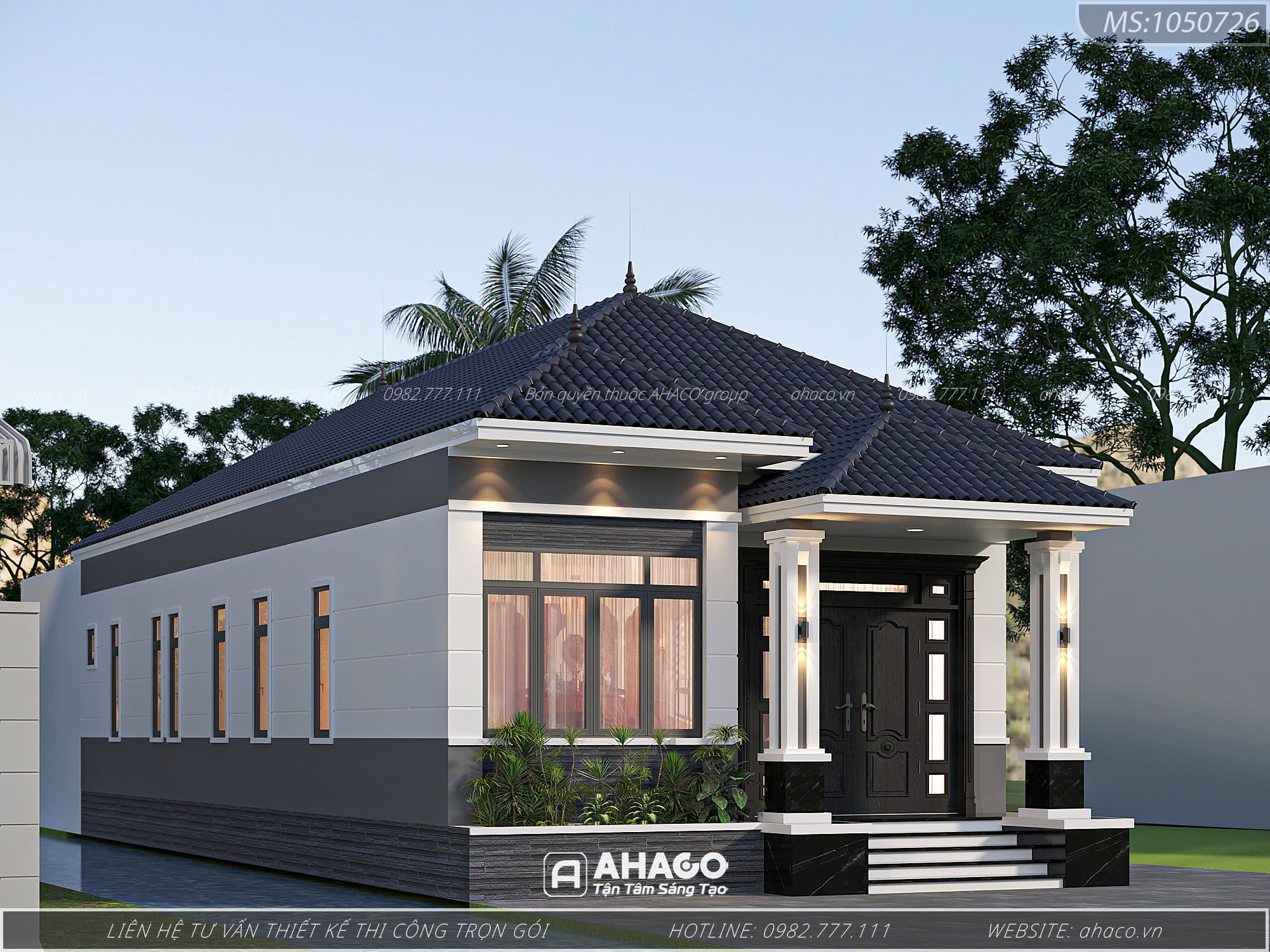 Phối cảnh ngoại thất nhà mái nhật 1 tầng 3 phòng ngủ mặt tiền 7m5